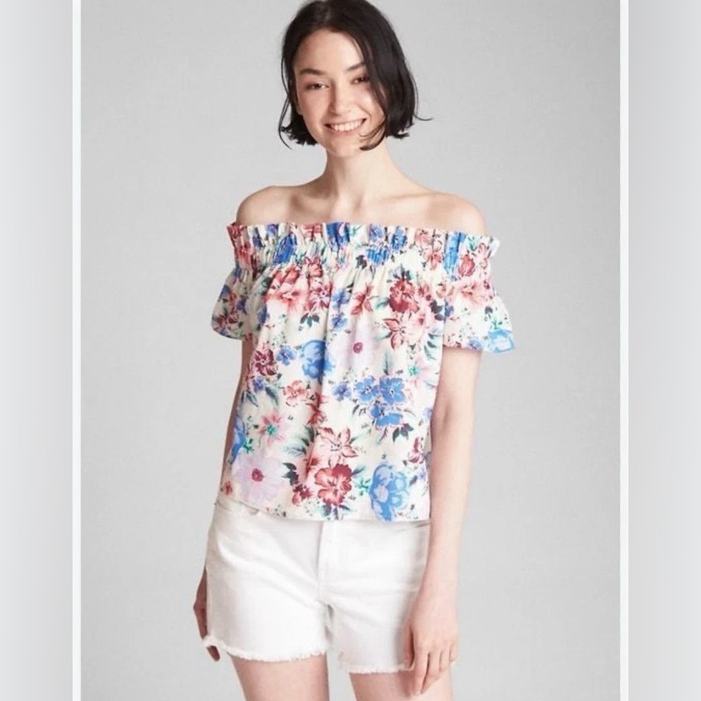 GAP Off-Shoulder Floral Top in White with Pink & Blue Flowers